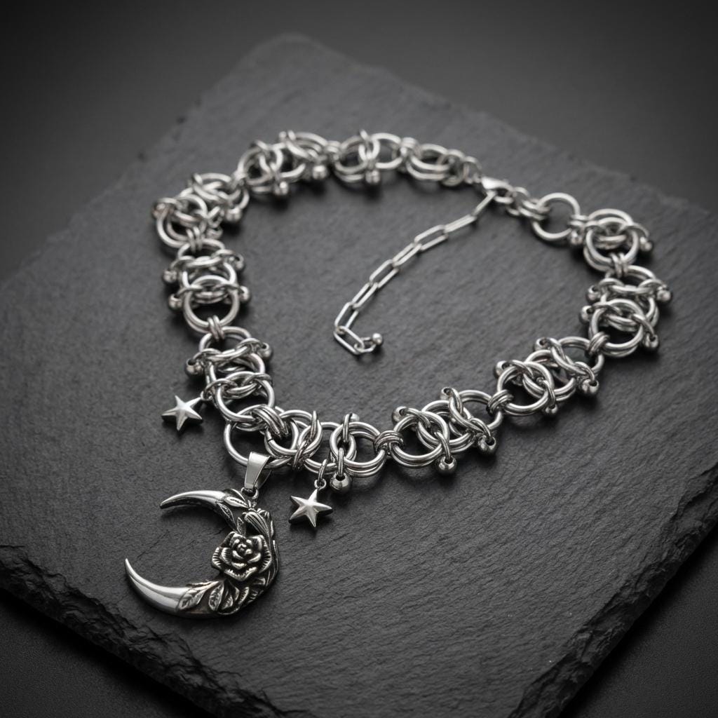 Crescent Moon & Stars Chainmail Choker Celestial Necklace - Handmade Norse Viking Goth Necklace