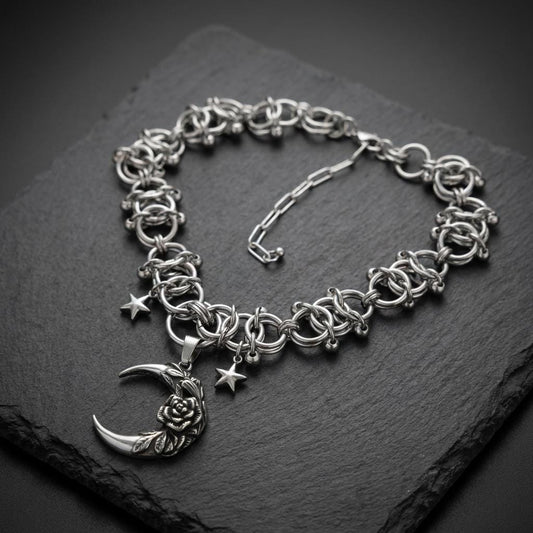 Crescent Moon & Stars Chainmail Choker Celestial Necklace - Handmade Norse Viking Goth Necklace