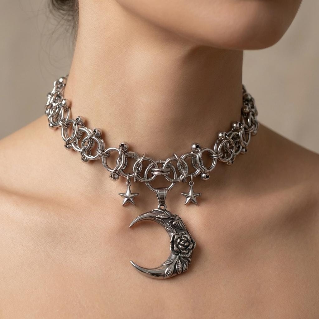 Crescent Moon & Stars Chainmail Choker Celestial Necklace - Handmade Norse Viking Goth Necklace