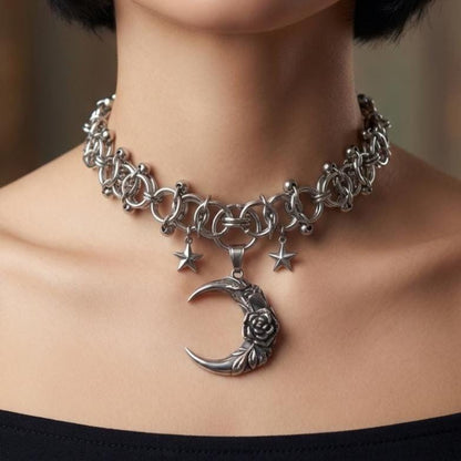 Crescent Moon & Stars Chainmail Choker Celestial Necklace - Handmade Norse Viking Goth Necklace