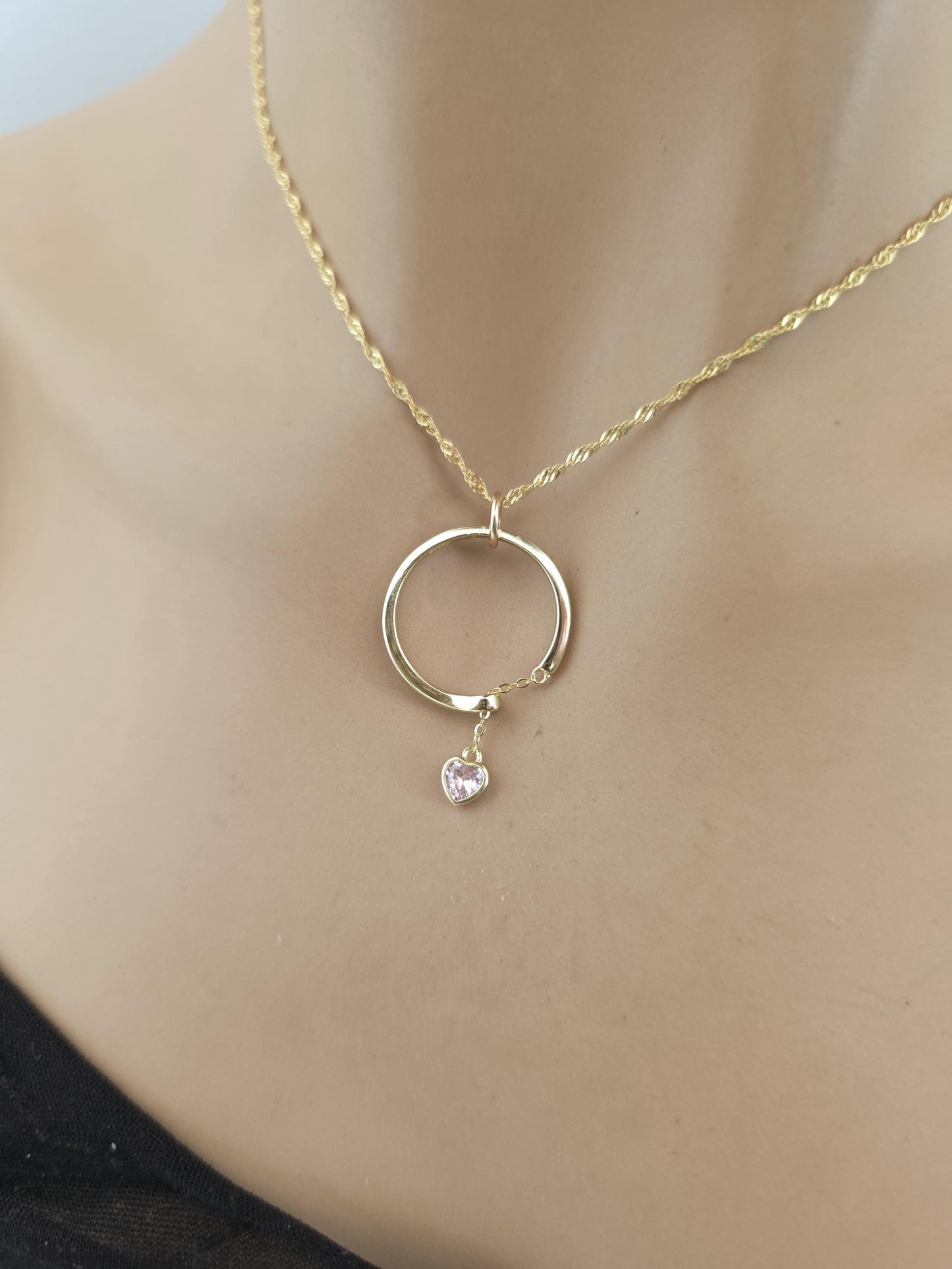 18k2 Gold Vermeil Over Sterling Silver Elegant Day Collar Necklace, Crystal Heart Charm Romantic Luxury Fine Jewelry
