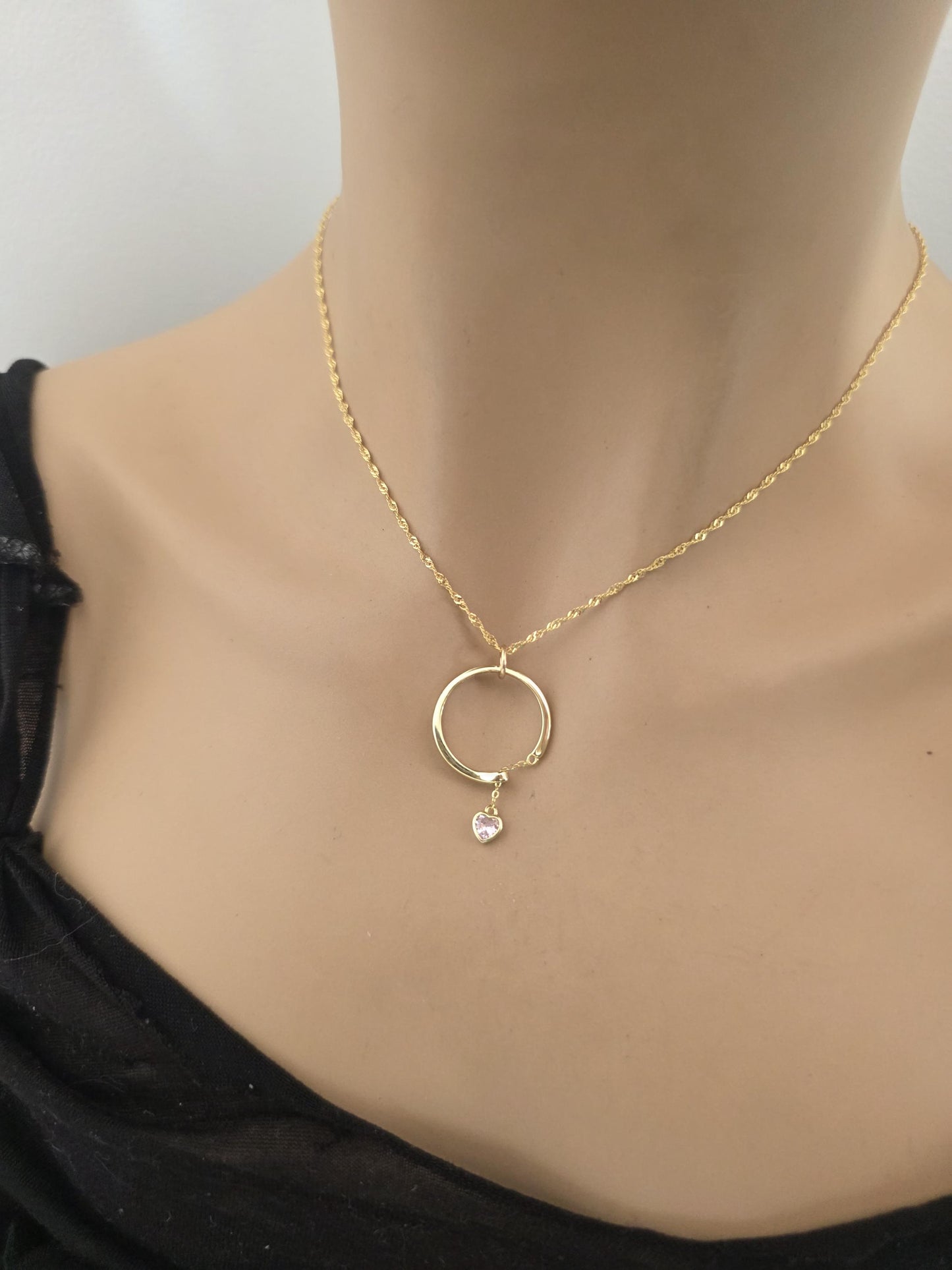 18k2 Gold Vermeil Over Sterling Silver Elegant Day Collar Necklace, Crystal Heart Charm Romantic Luxury Fine Jewelry