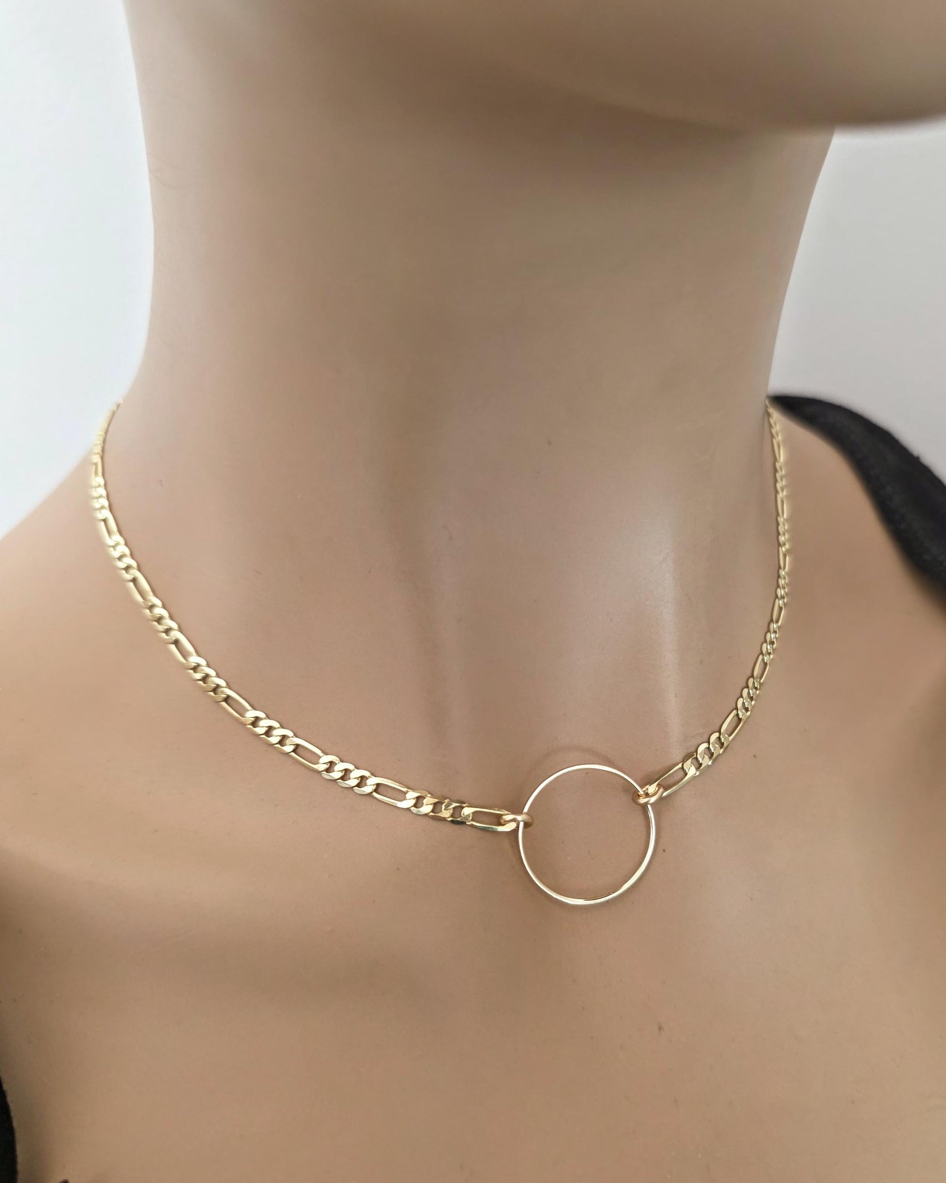 14k Gold Vermeil Over Sterling Silver Elegant Figaro Chain Day Collar Ring Necklace, Devotion Luxury Fine Jewelry