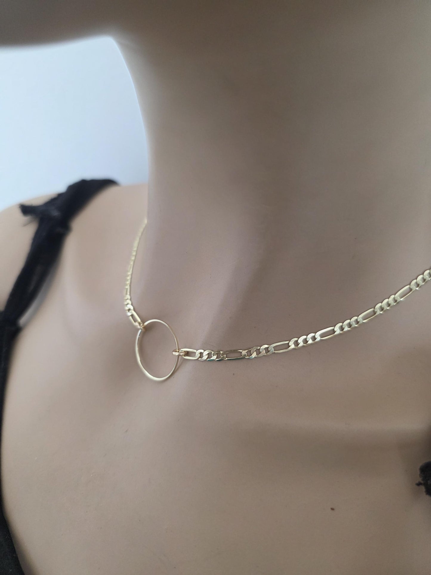 14k Gold Vermeil Over Sterling Silver Elegant Figaro Chain Day Collar Ring Necklace, Devotion Luxury Fine Jewelry