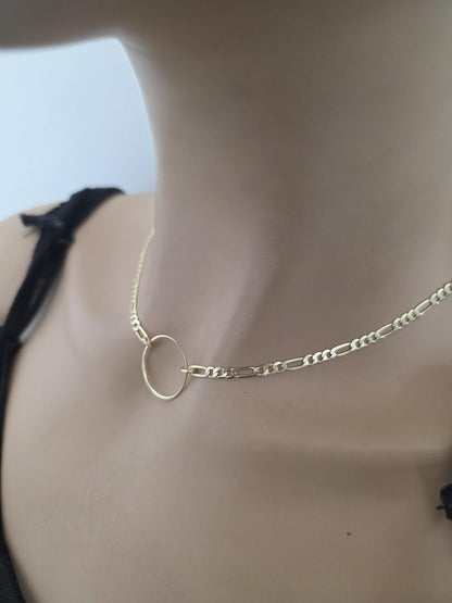 14k Gold Vermeil Over Sterling Silver Elegant Figaro Chain Day Collar Ring Necklace, Devotion Luxury Fine Jewelry