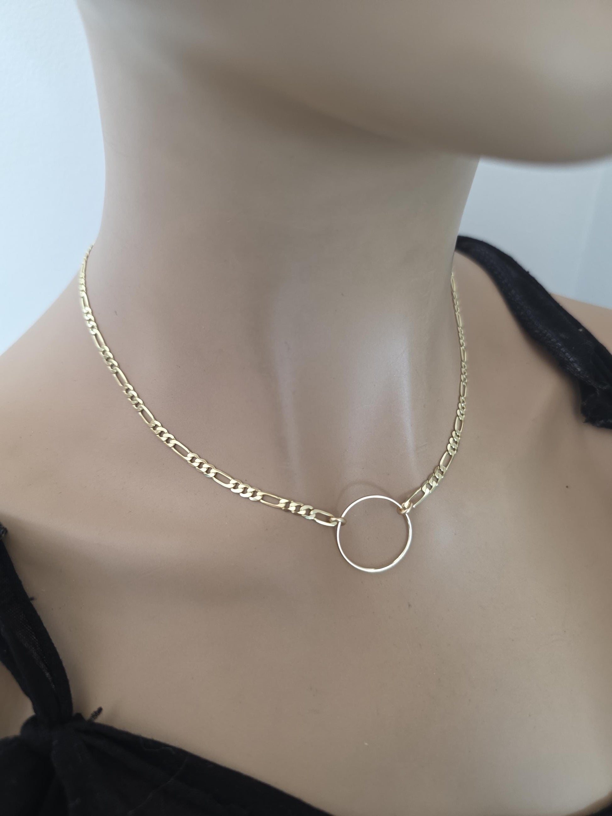 14k Gold Vermeil Over Sterling Silver Elegant Figaro Chain Day Collar Ring Necklace, Devotion Luxury Fine Jewelry
