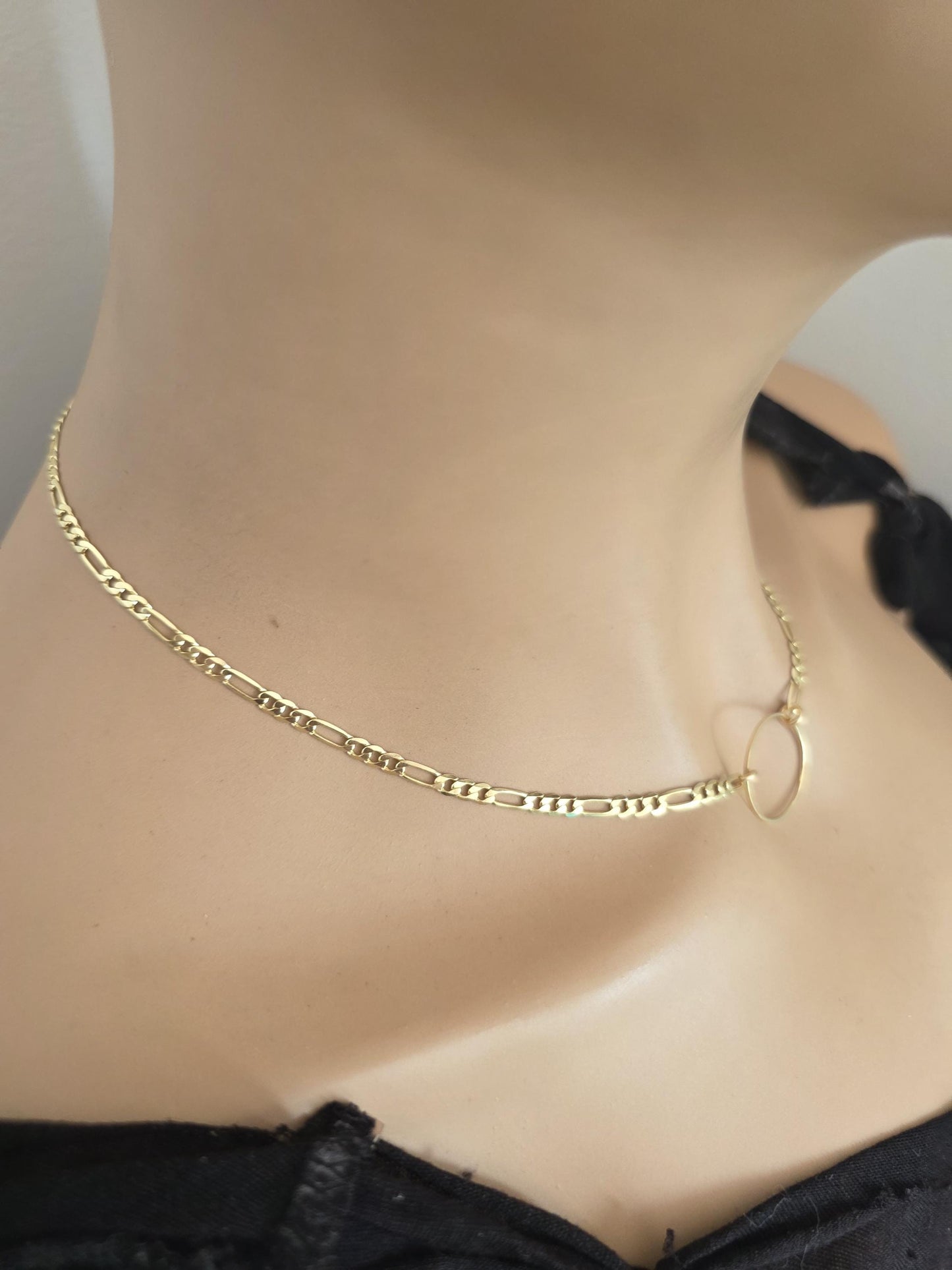 14k Gold Vermeil Over Sterling Silver Elegant Figaro Chain Day Collar Ring Necklace, Devotion Luxury Fine Jewelry