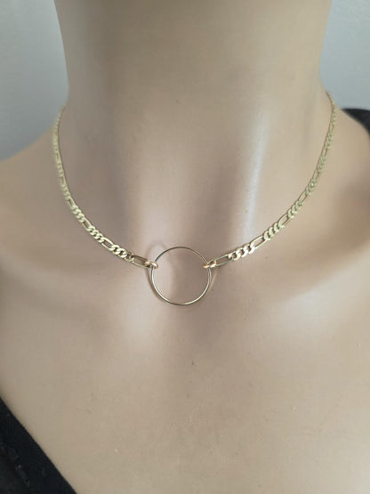 14k Gold Vermeil Over Sterling Silver Elegant Figaro Chain Day Collar Ring Necklace, Devotion Luxury Fine Jewelry