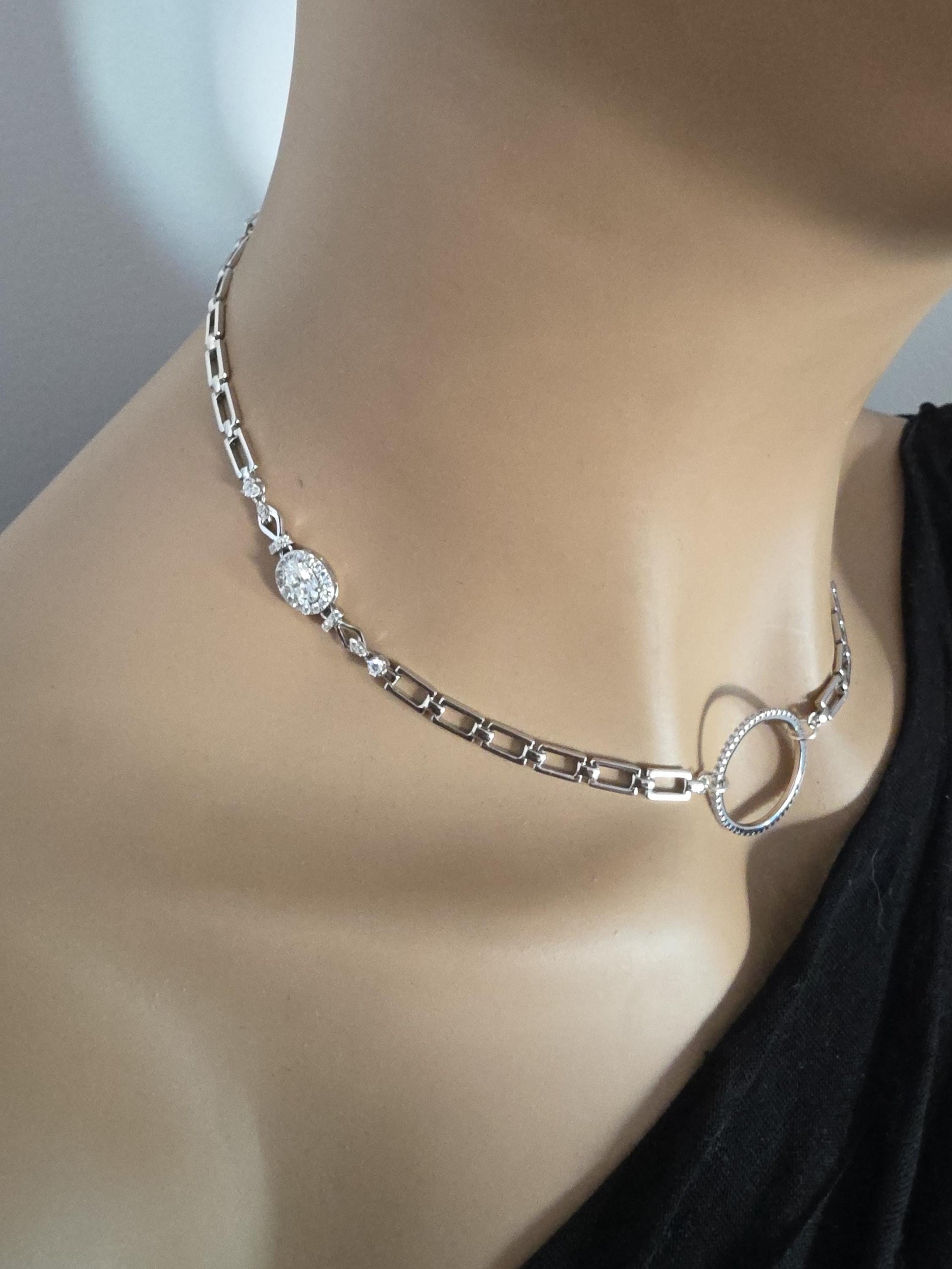 Moissanite & Rhodium Plated Sterling Silver Day Collar Choker Neckace, Highest Grade, Certificate Included, Romantic Devotion Jewelry