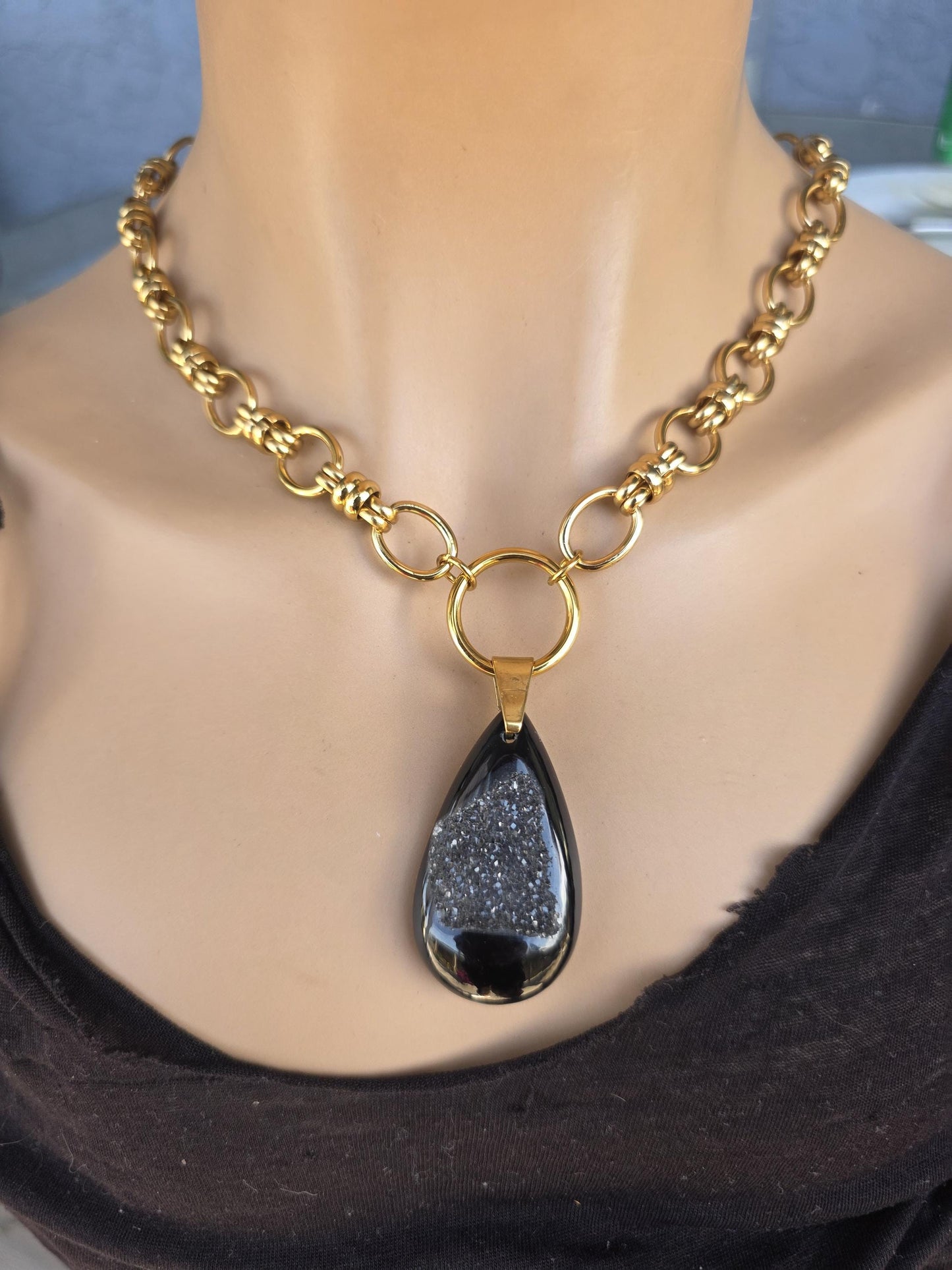 Gold Onyx Layered Multi Strand Chunky Necklace Stack Set - Handmade statement jewelry