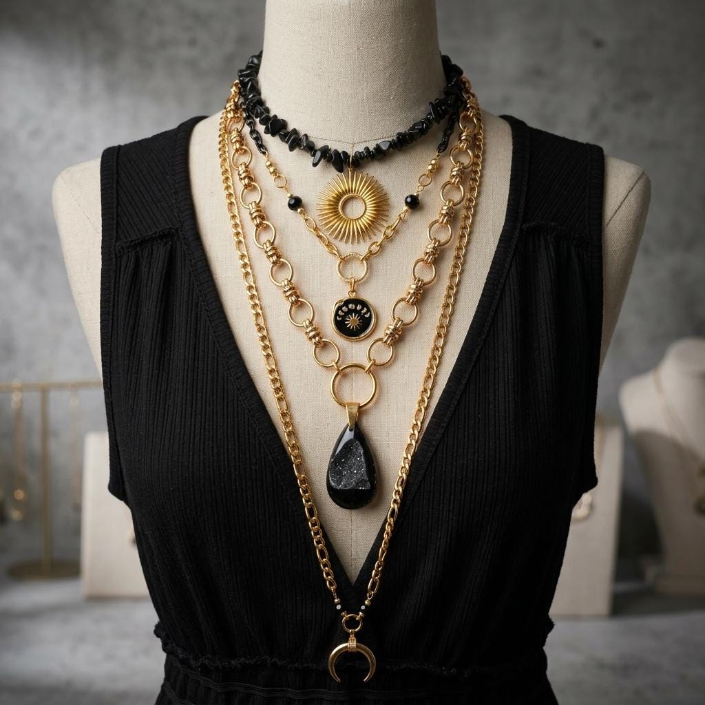 Gold Onyx Layered Multi Strand Chunky Necklace Stack Set - Handmade statement jewelry