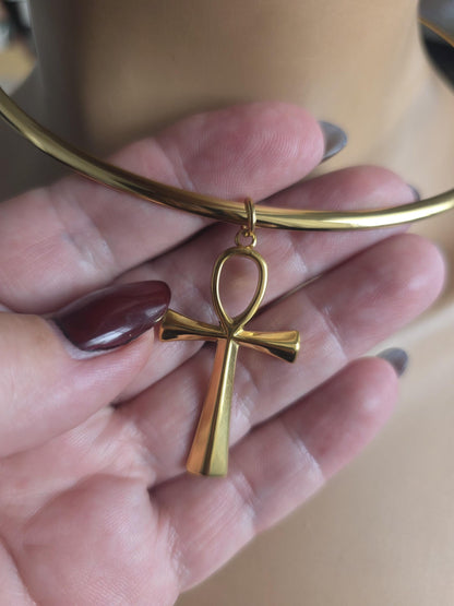 Gold Rigid Ankh Pendant Choker Collar Necklace, UniqueProtection Jewelry