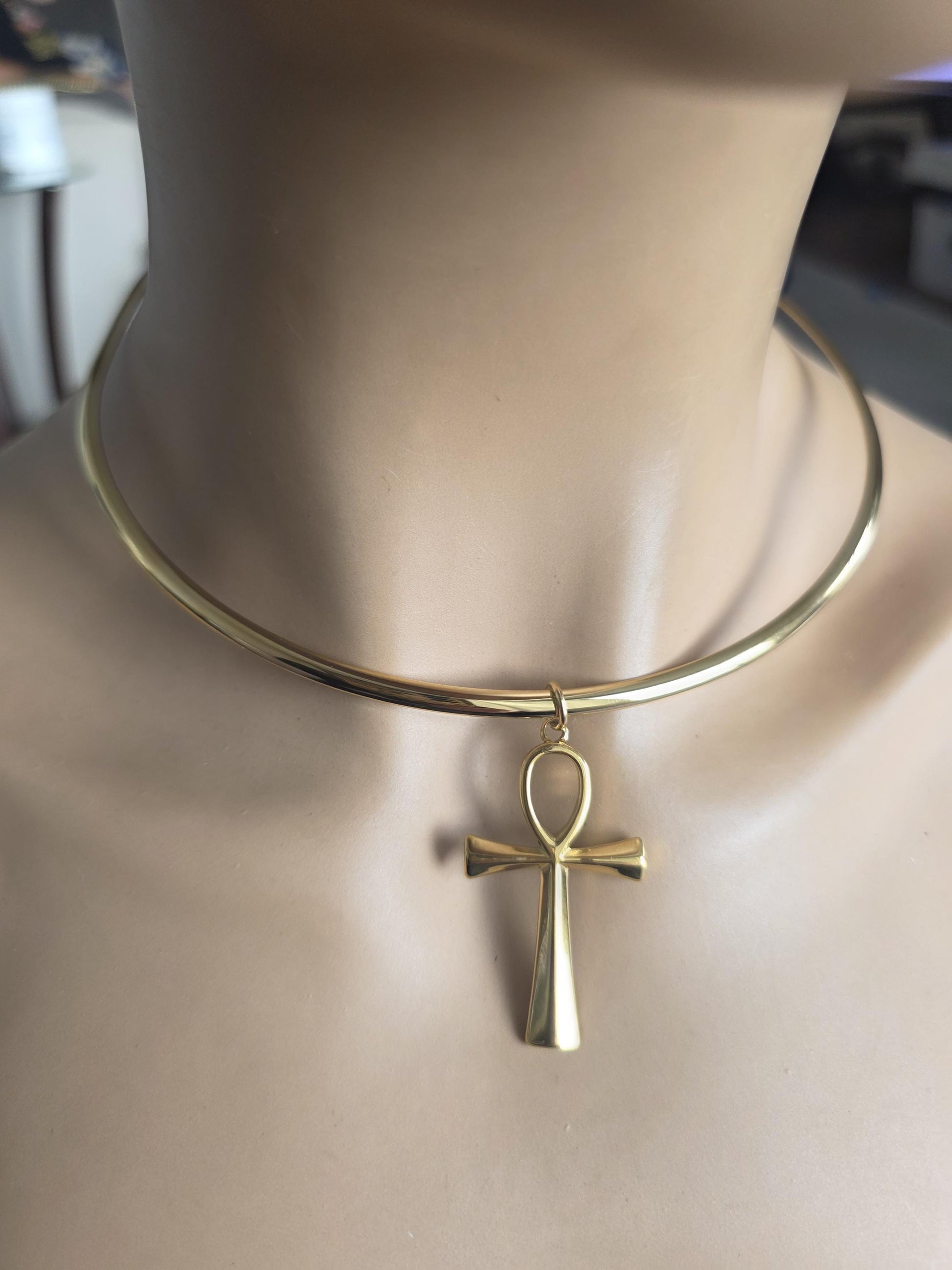 Gold Rigid Ankh Pendant Choker Collar Necklace, UniqueProtection Jewelry