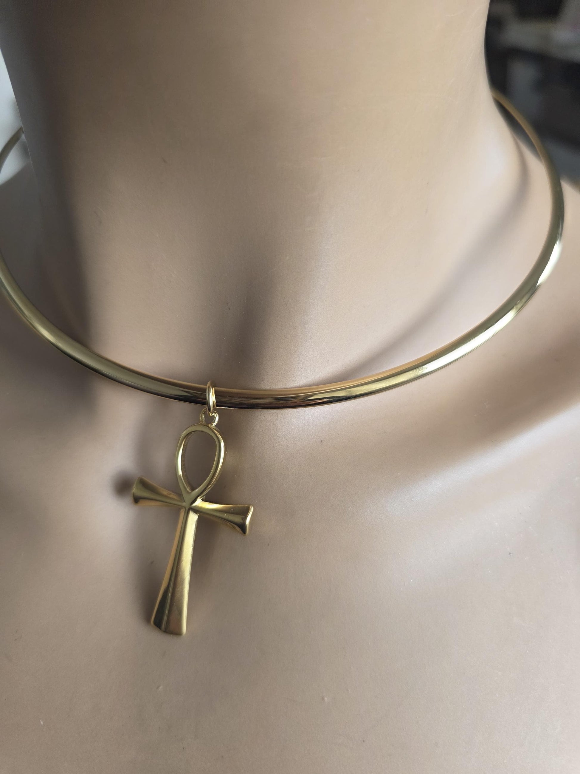 Gold Rigid Ankh Pendant Choker Collar Necklace, UniqueProtection Jewelry
