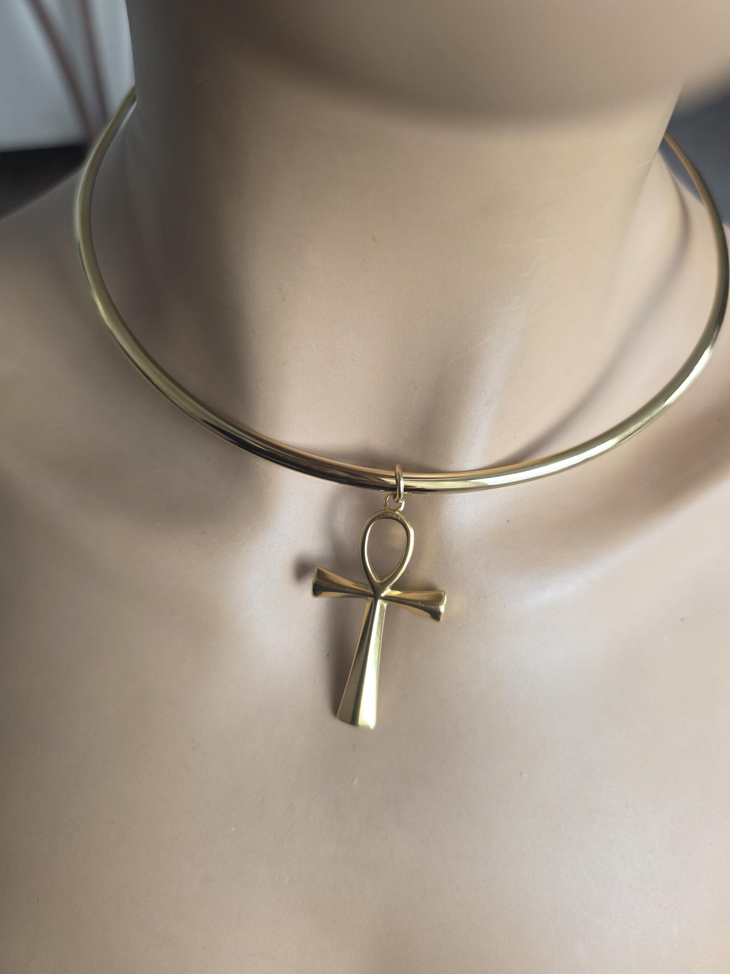 Gold Rigid Ankh Pendant Choker Collar Necklace, UniqueProtection Jewelry