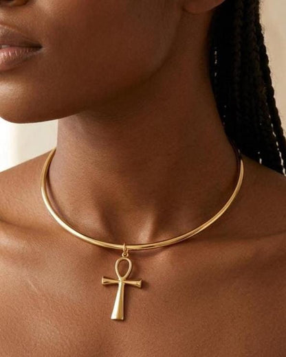 Gold Rigid Ankh Pendant Choker Collar Necklace, UniqueProtection Jewelry