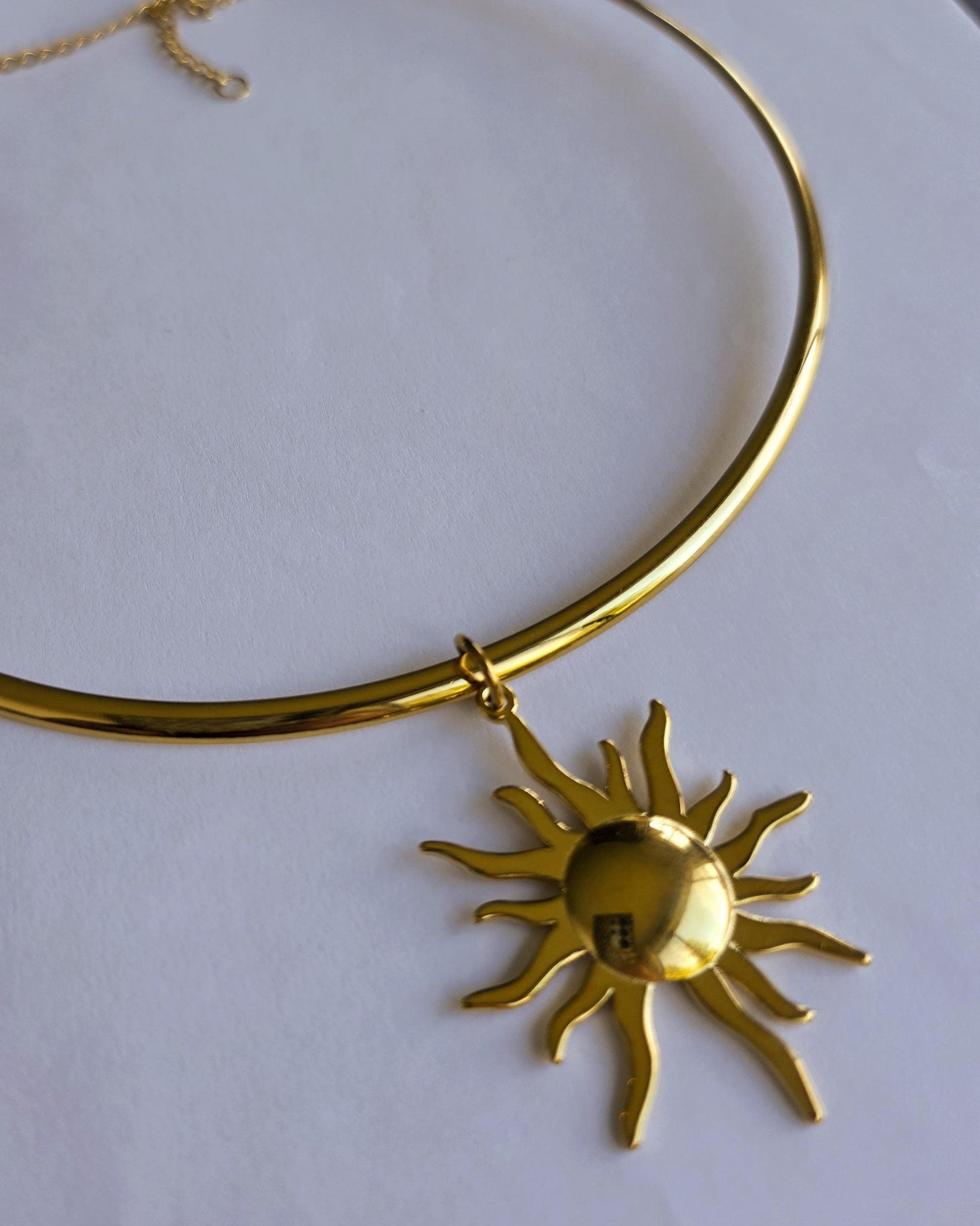 Gold Sun Rigid Pendant Choker Collar Necklace, Unique Celestial Earth Jewelry