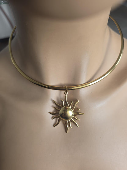 Gold Sun Rigid Pendant Choker Collar Necklace, Unique Celestial Earth Jewelry