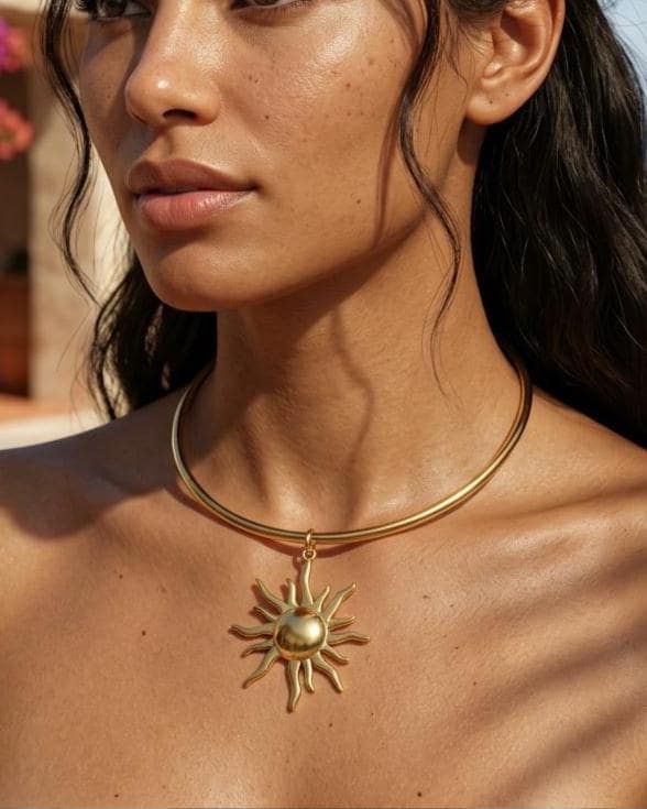 Gold Sun Rigid Pendant Choker Collar Necklace, Unique Celestial Earth Jewelry