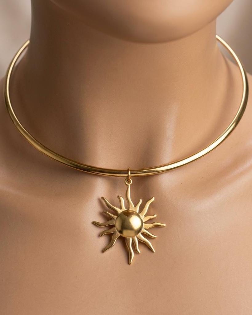 Gold Sun Rigid Pendant Choker Collar Necklace, Unique Celestial Earth Jewelry
