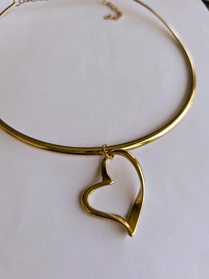 Gold Rigid Heart Pendant Choker Collar Necklace, Unique Jewelry