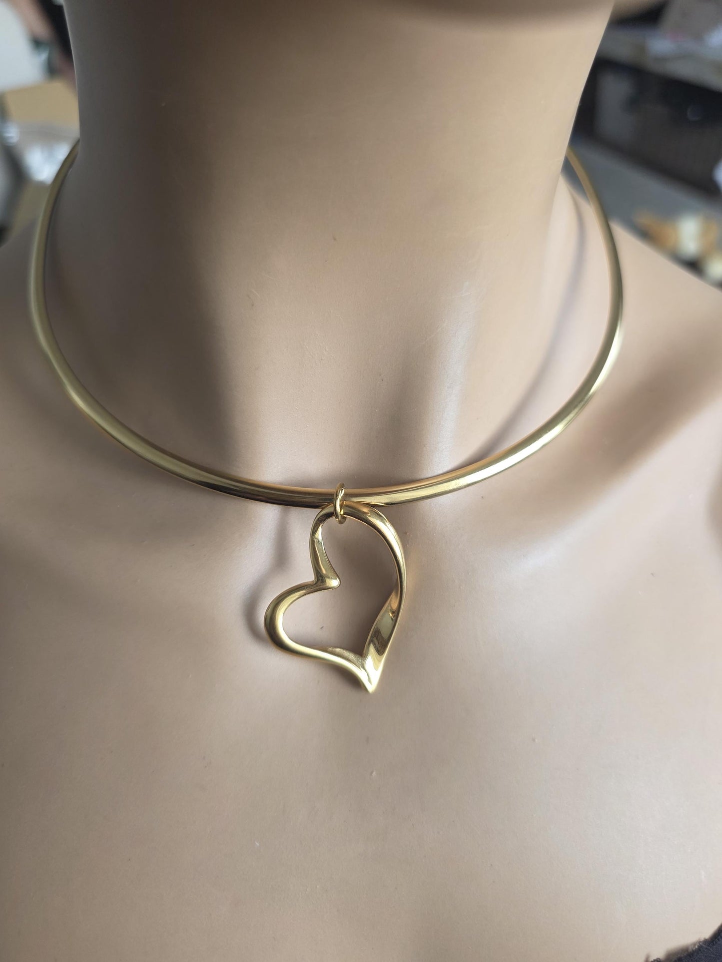 Gold Rigid Heart Pendant Choker Collar Necklace, Unique Jewelry