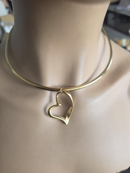 Gold Rigid Heart Pendant Choker Collar Necklace, Unique Jewelry