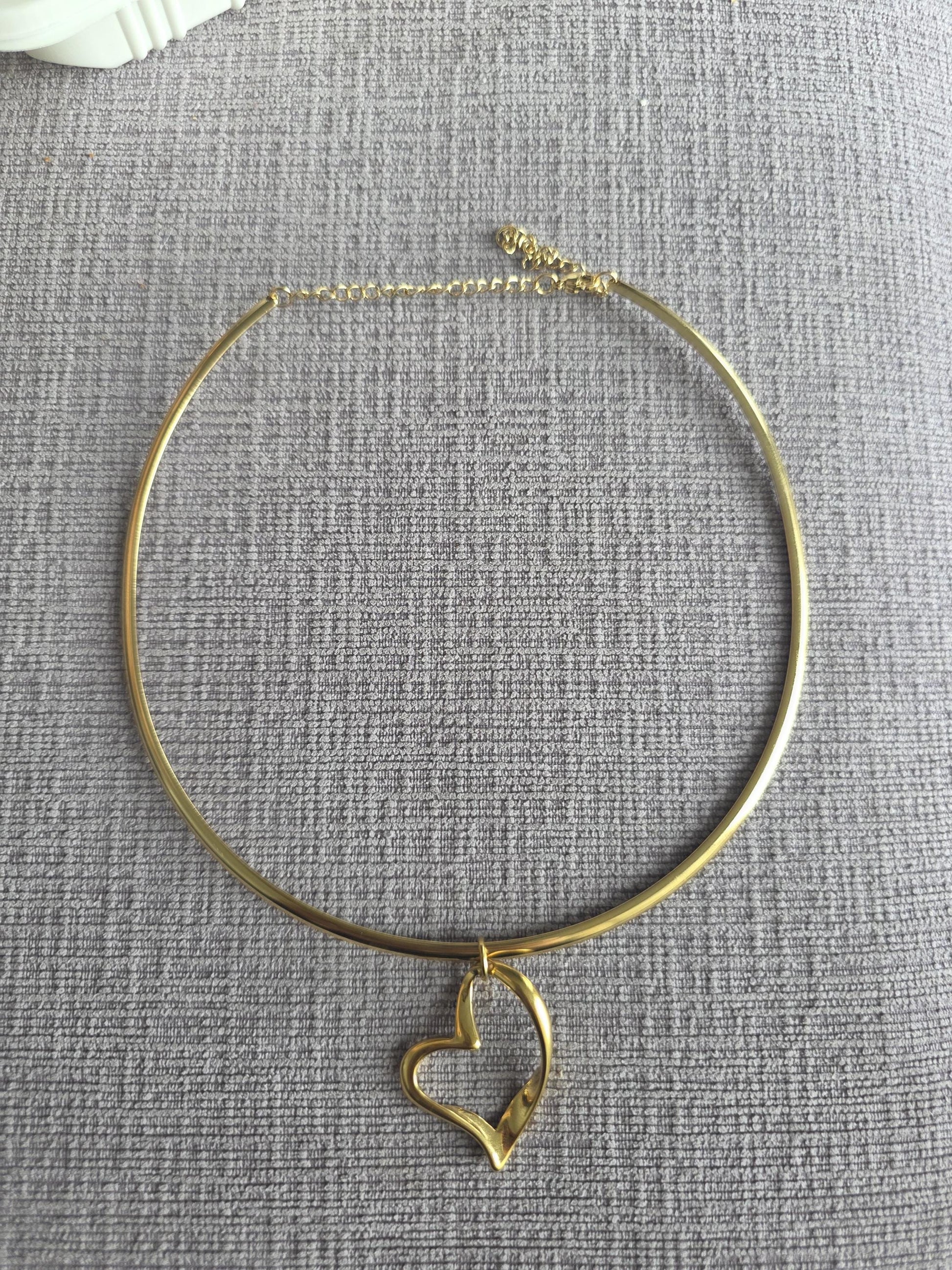 Gold Rigid Heart Pendant Choker Collar Necklace, Unique Jewelry