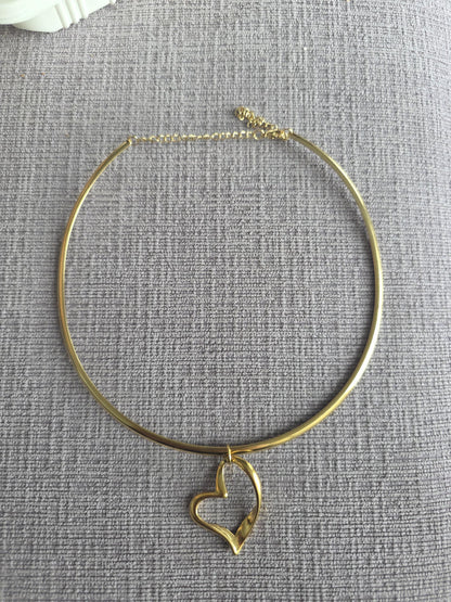 Gold Rigid Heart Pendant Choker Collar Necklace, Unique Jewelry
