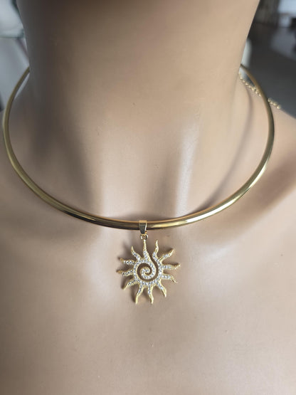 Gold Plated Steel Sun Cubic Zirconia Rigid Pendant Choker Collar Necklace, Unique Celestial Earth Jewelry
