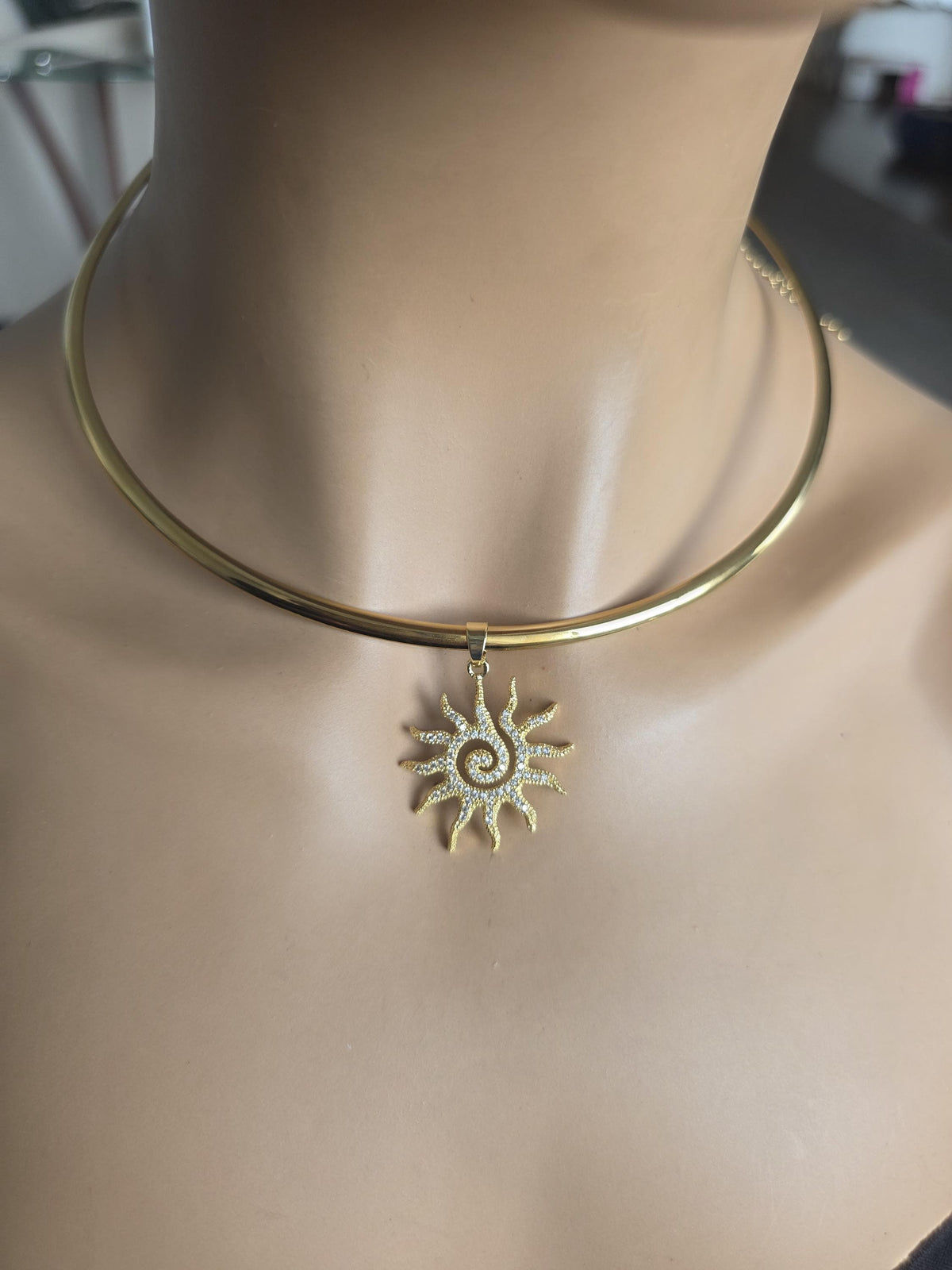 Gold Plated Steel Sun Cubic Zirconia Rigid Pendant Choker Collar Necklace, Unique Celestial Earth Jewelry