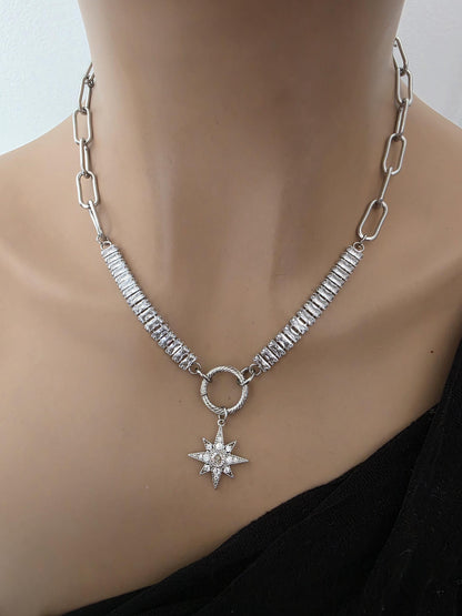 Steel & Cubic Zirconia Baguette Pendant Choker Necklace with Star - Day Collar style, Adjustable