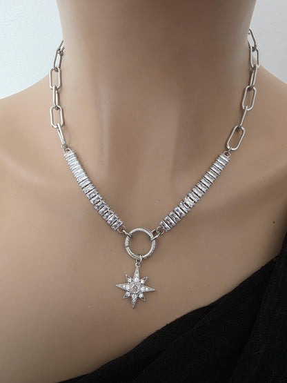 Steel & Cubic Zirconia Baguette Pendant Choker Necklace with Star - Day Collar style, Adjustable