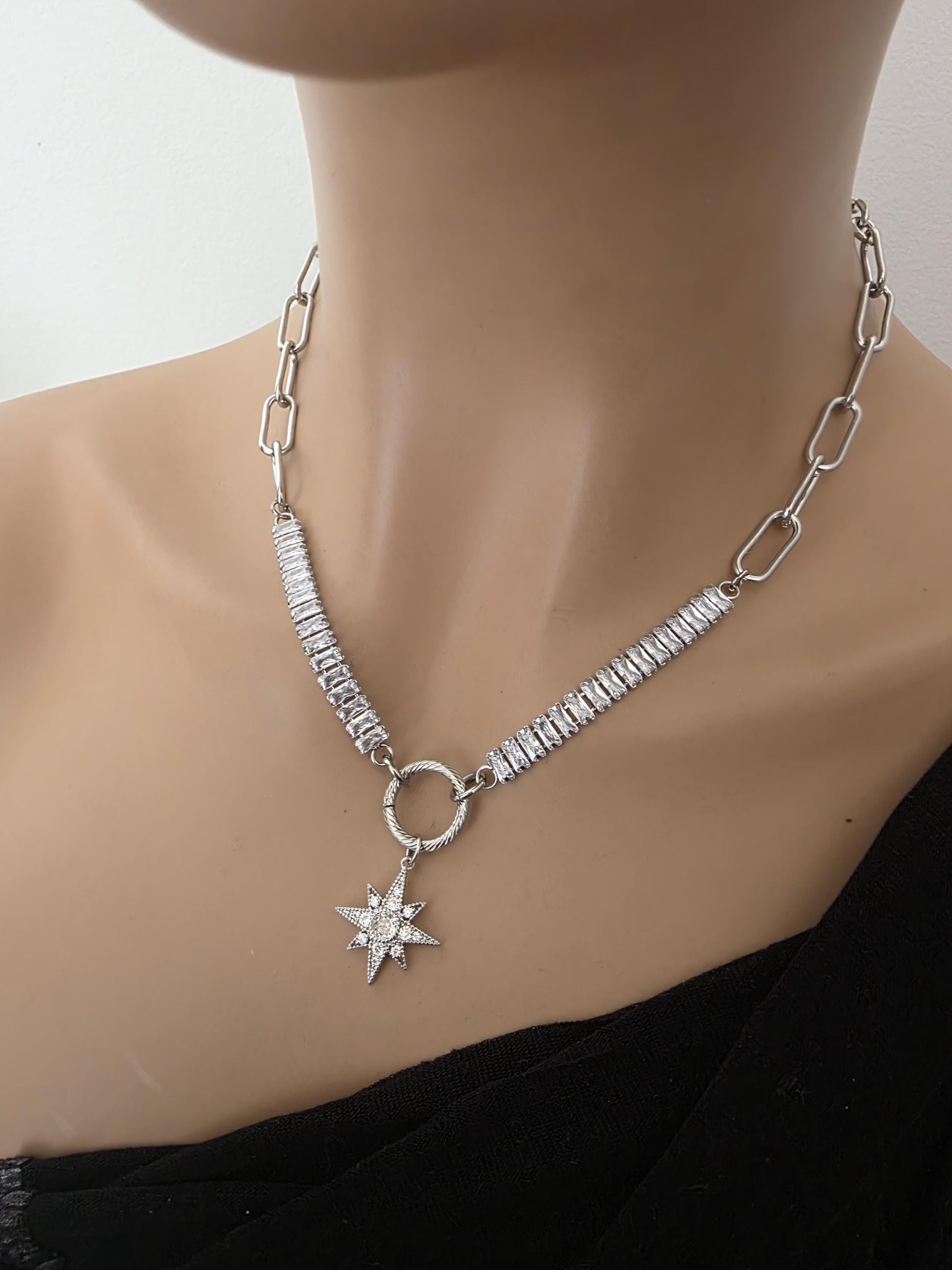 Steel & Cubic Zirconia Baguette Pendant Choker Necklace with Star - Day Collar style, Adjustable