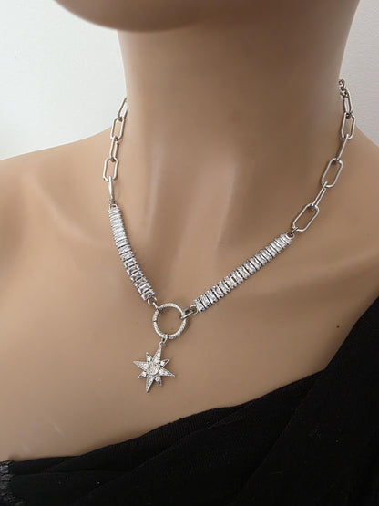 Steel & Cubic Zirconia Baguette Pendant Choker Necklace with Star - Day Collar style, Adjustable