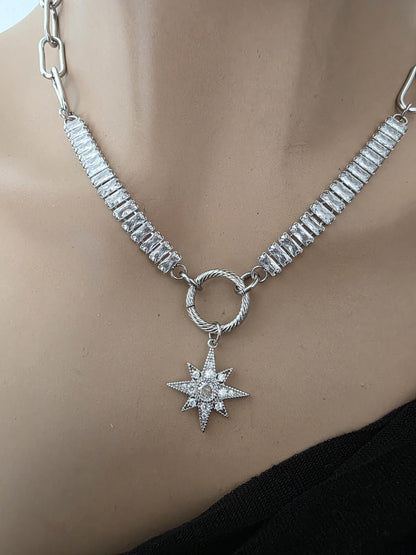 Steel & Cubic Zirconia Baguette Pendant Choker Necklace with Star - Day Collar style, Adjustable