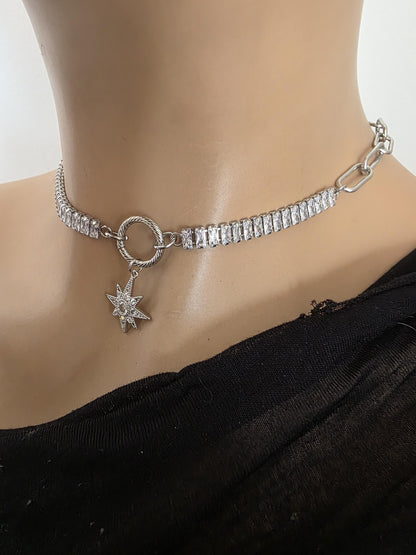 Steel & Cubic Zirconia Baguette Pendant Choker Necklace with Star - Day Collar style, Adjustable
