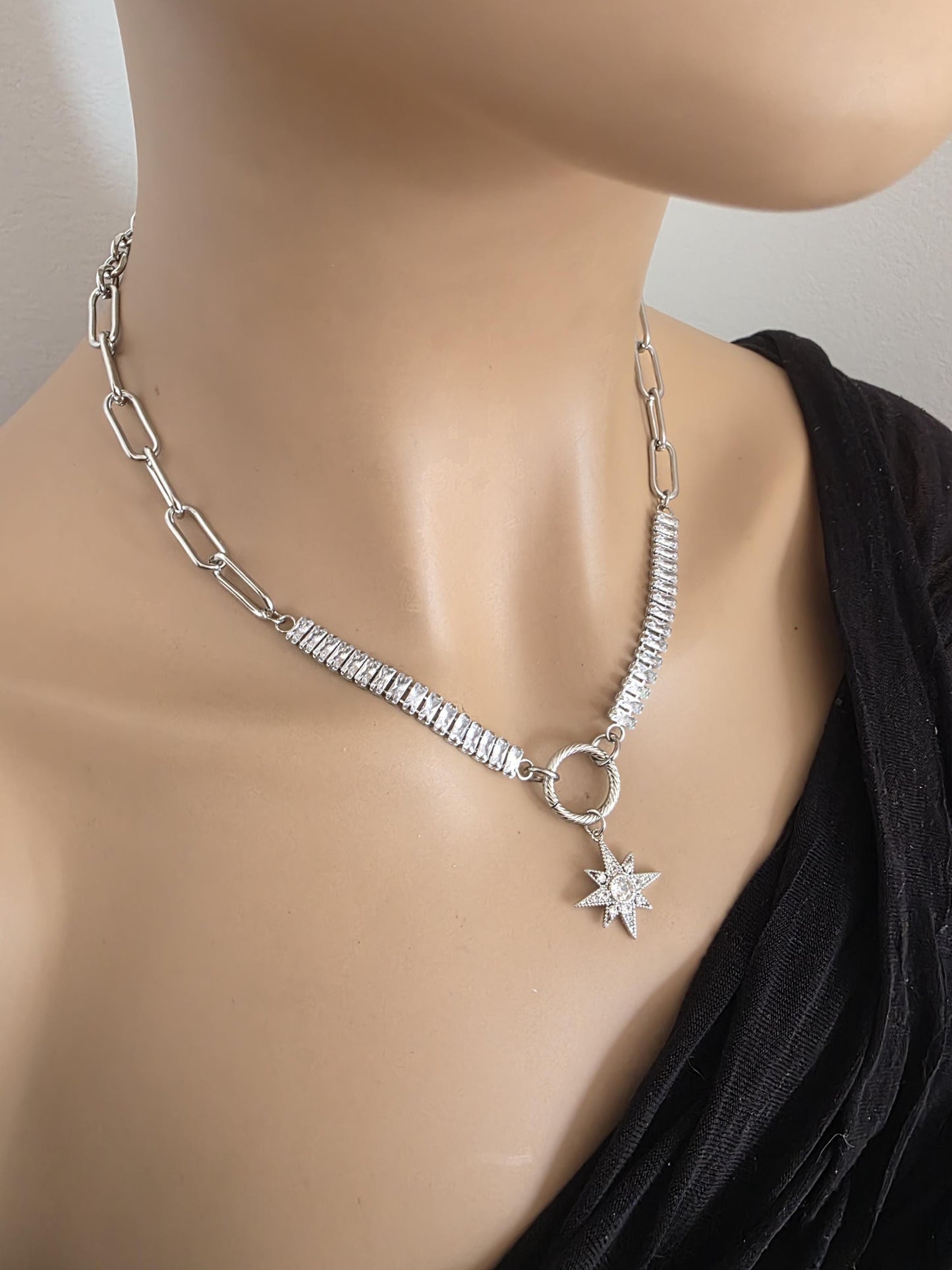 Steel & Cubic Zirconia Baguette Pendant Choker Necklace with Star - Day Collar style, Adjustable