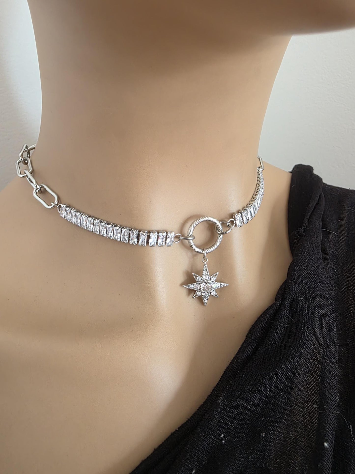 Steel & Cubic Zirconia Baguette Pendant Choker Necklace with Star - Day Collar style, Adjustable