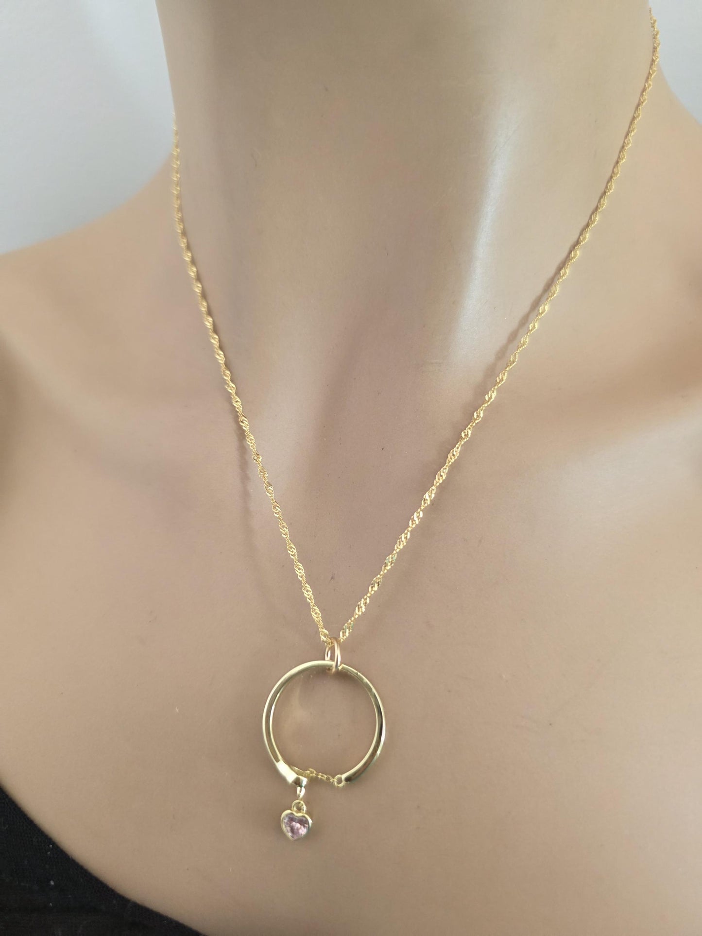 18k2 Gold Vermeil Over Sterling Silver Elegant Day Collar Necklace, Crystal Heart Charm Romantic Luxury Fine Jewelry