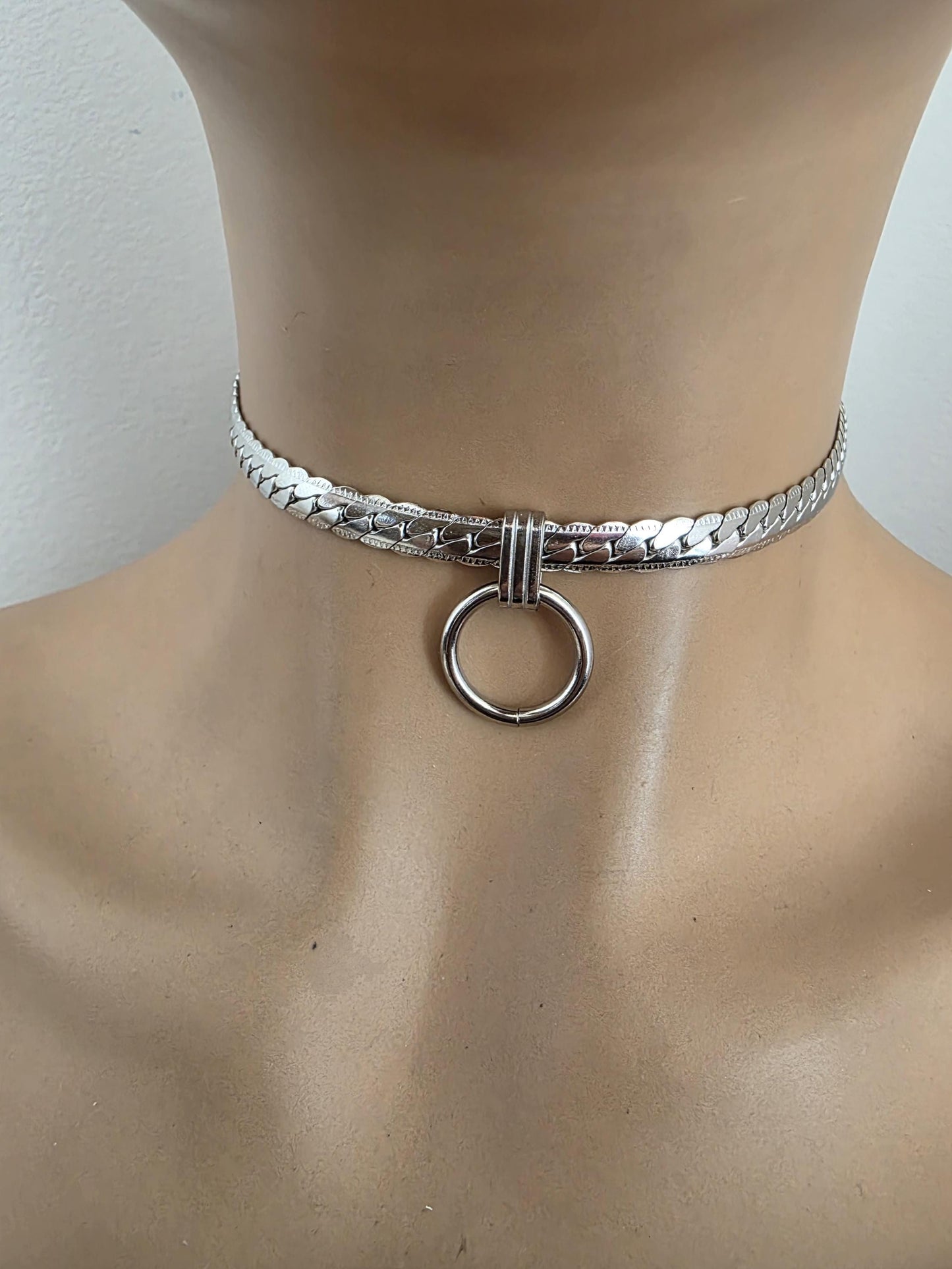 Steel Chunky Collar O-Ring Pendant, Permanent Locking Option - 7mm Herringbone Chain Symbolic Necklace