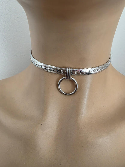 Steel Chunky Collar O-Ring Pendant, Permanent Locking Option - 7mm Herringbone Chain Symbolic Necklace
