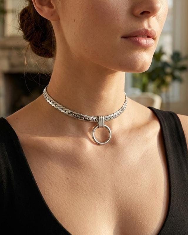 Mens Steel Chunky Collar O-Ring Pendant, Permanent Locking Option - 7mm Herringbone Chain Symbolic Necklace
