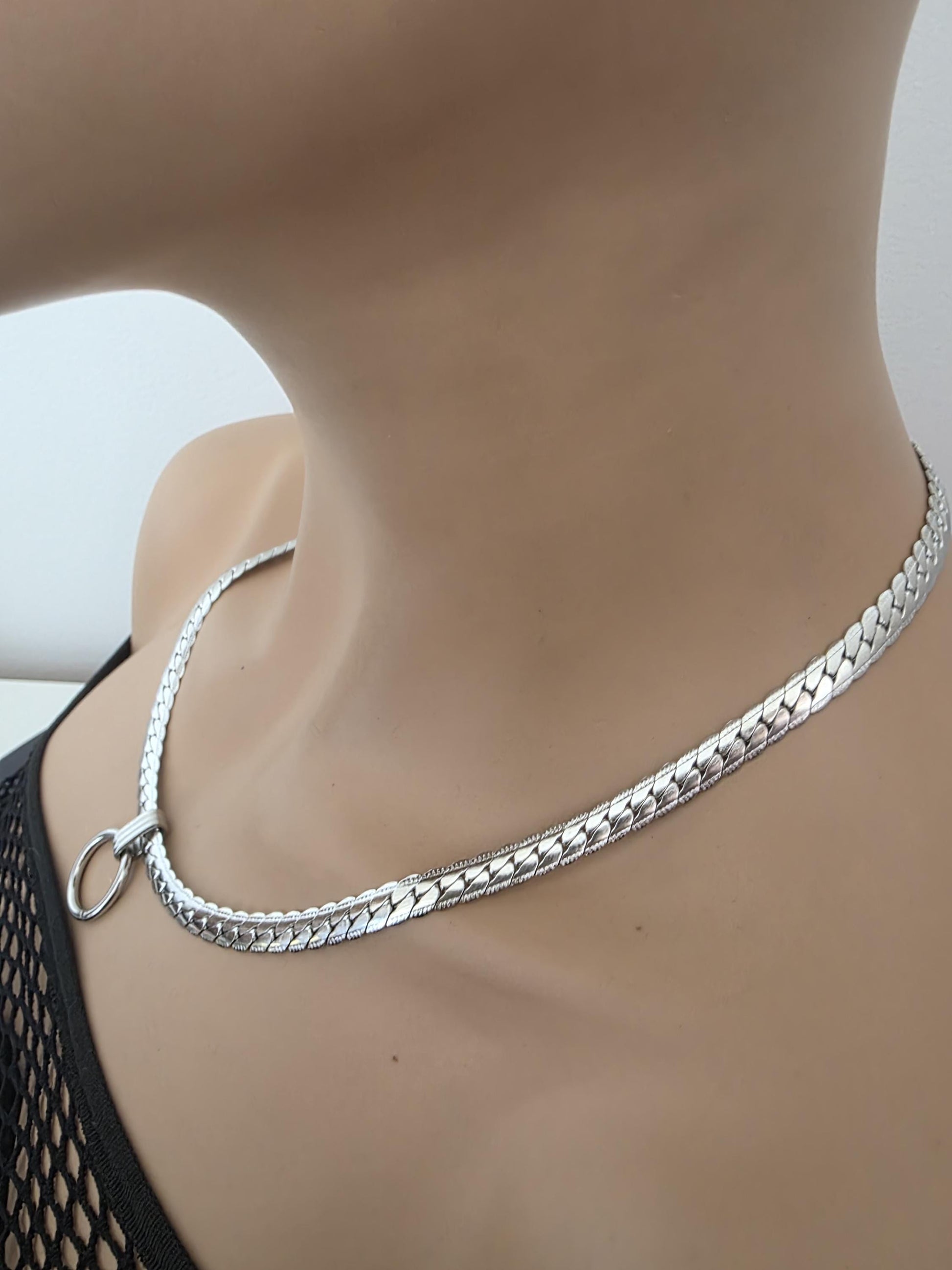 Mens Steel Chunky Collar O-Ring Pendant, Permanent Locking Option - 7mm Herringbone Chain Symbolic Necklace