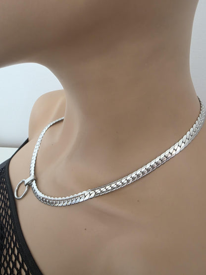 Mens Steel Chunky Collar O-Ring Pendant, Permanent Locking Option - 7mm Herringbone Chain Symbolic Necklace