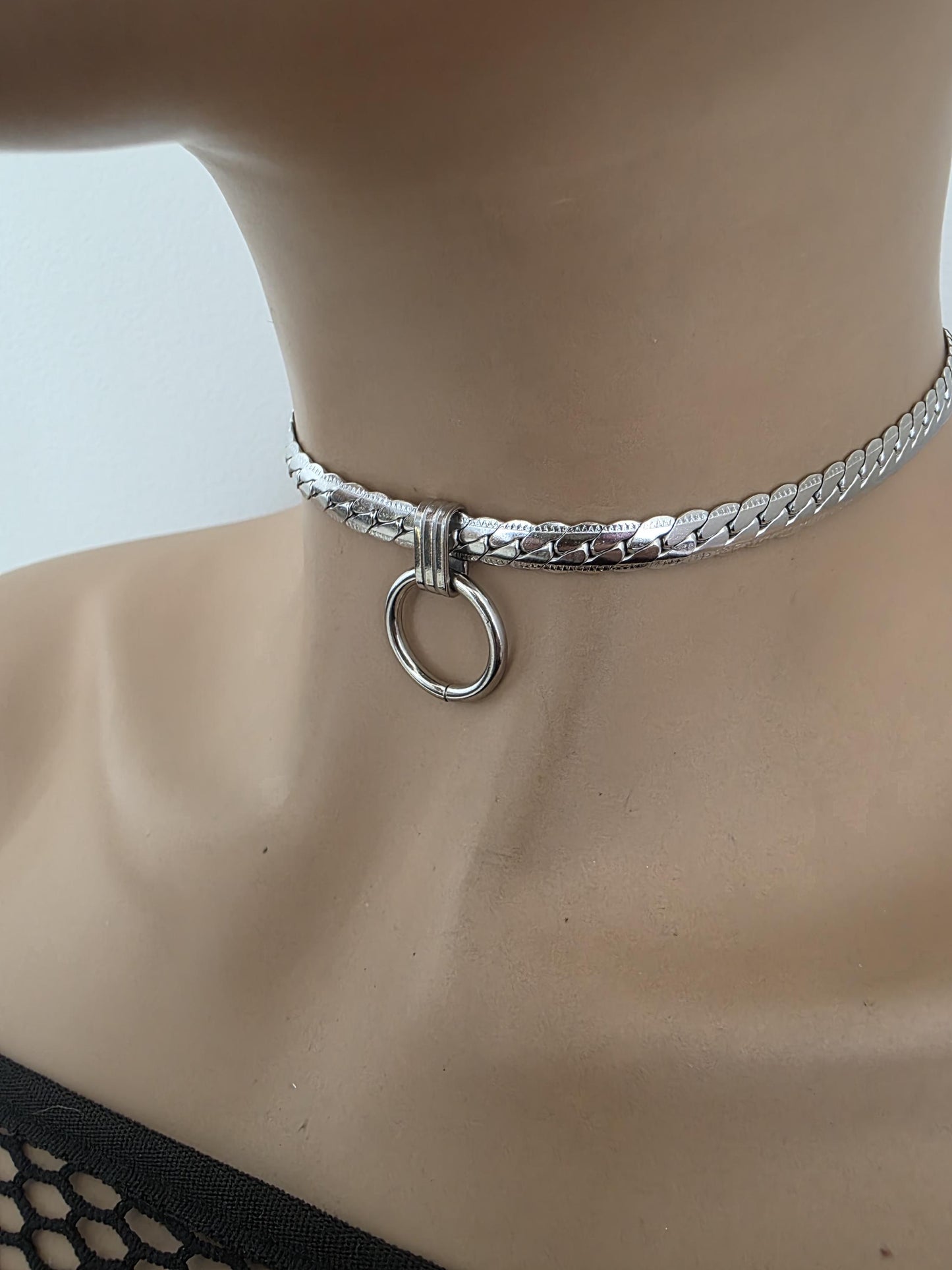 Mens Steel Chunky Collar O-Ring Pendant, Permanent Locking Option - 7mm Herringbone Chain Symbolic Necklace