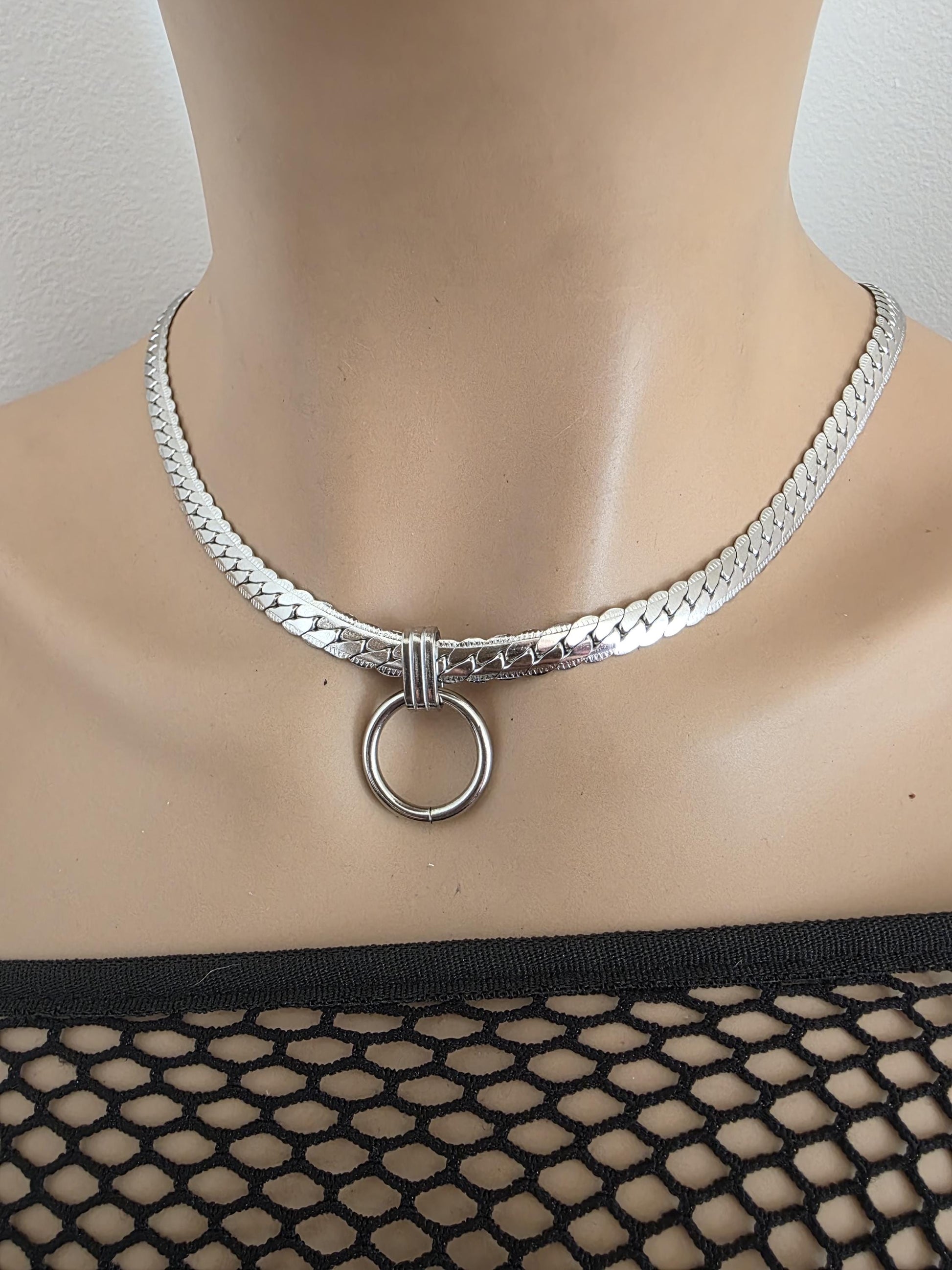 Mens Steel Chunky Collar O-Ring Pendant, Permanent Locking Option - 7mm Herringbone Chain Symbolic Necklace