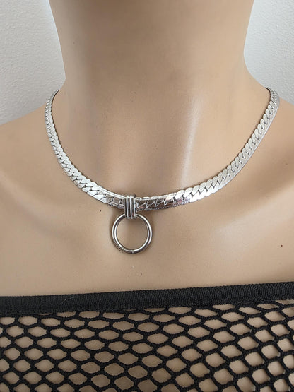 Mens Steel Chunky Collar O-Ring Pendant, Permanent Locking Option - 7mm Herringbone Chain Symbolic Necklace