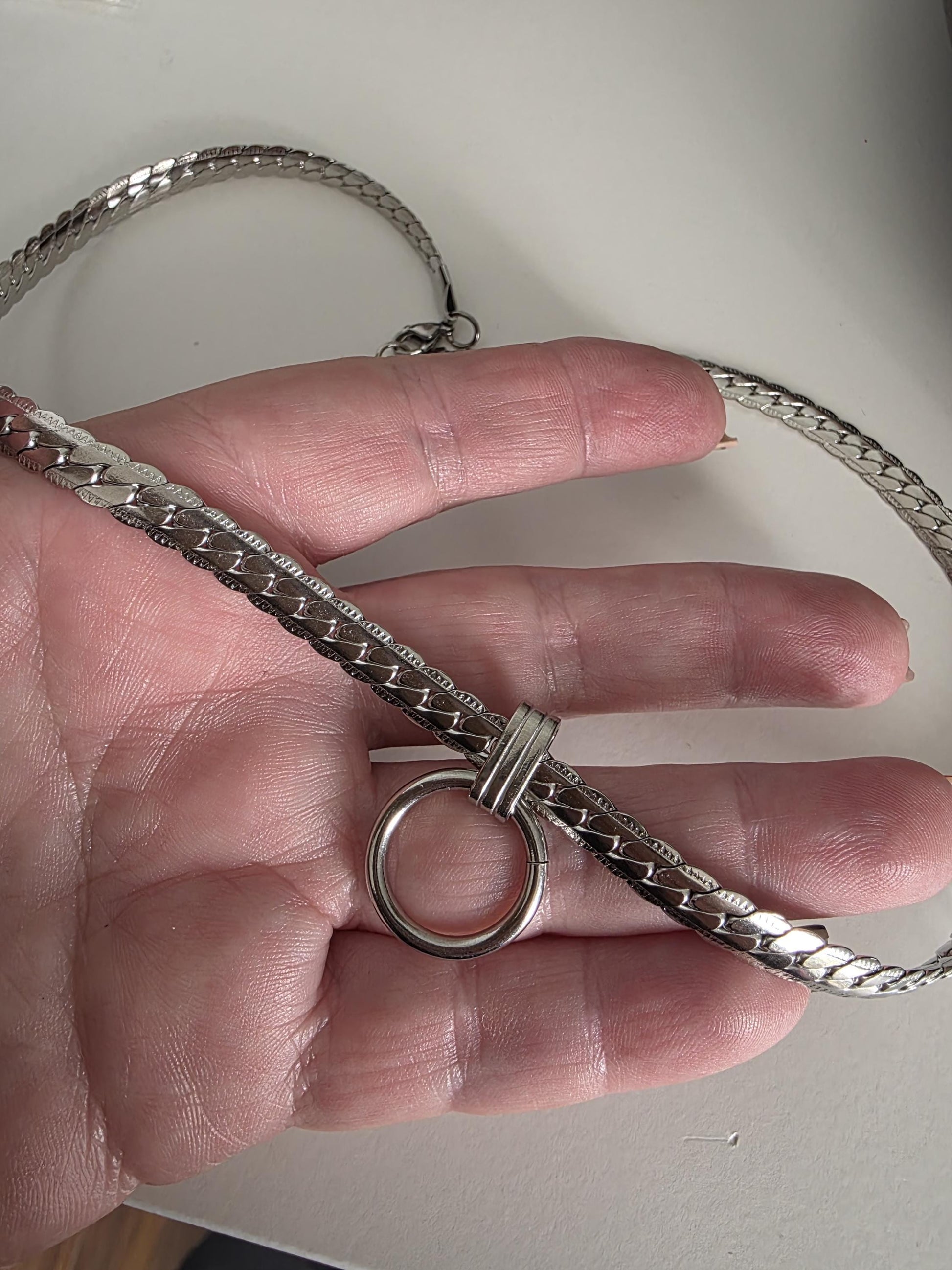 Mens Steel Chunky Collar O-Ring Pendant, Permanent Locking Option - 7mm Herringbone Chain Symbolic Necklace