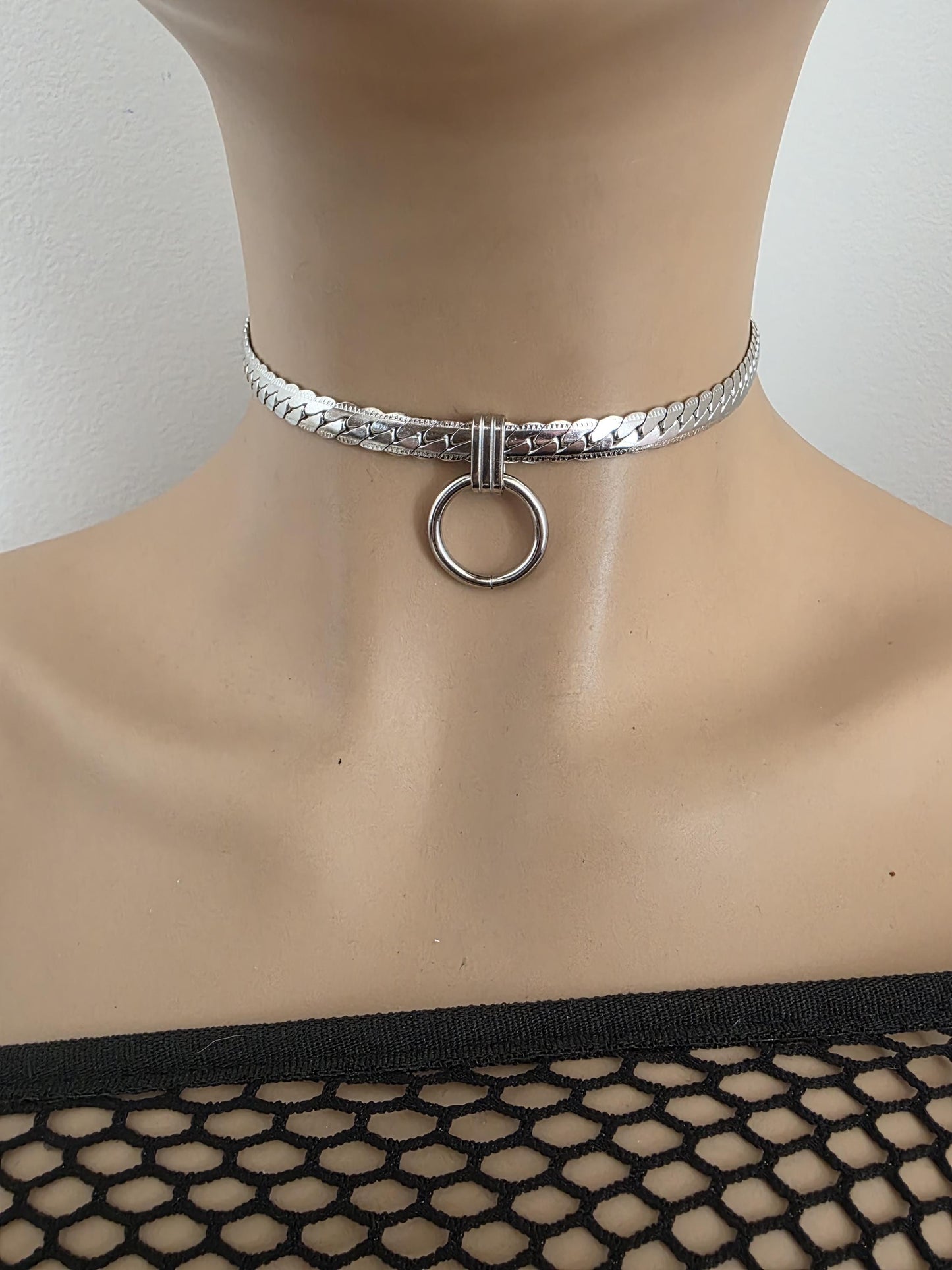 Mens Steel Chunky Collar O-Ring Pendant, Permanent Locking Option - 7mm Herringbone Chain Symbolic Necklace